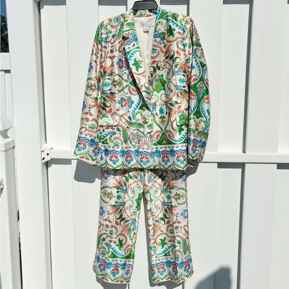 Rachel Zoe Multicolored Printed Satin Blazer & Pant Set NEW Women’s Large - Picture 1 of 16